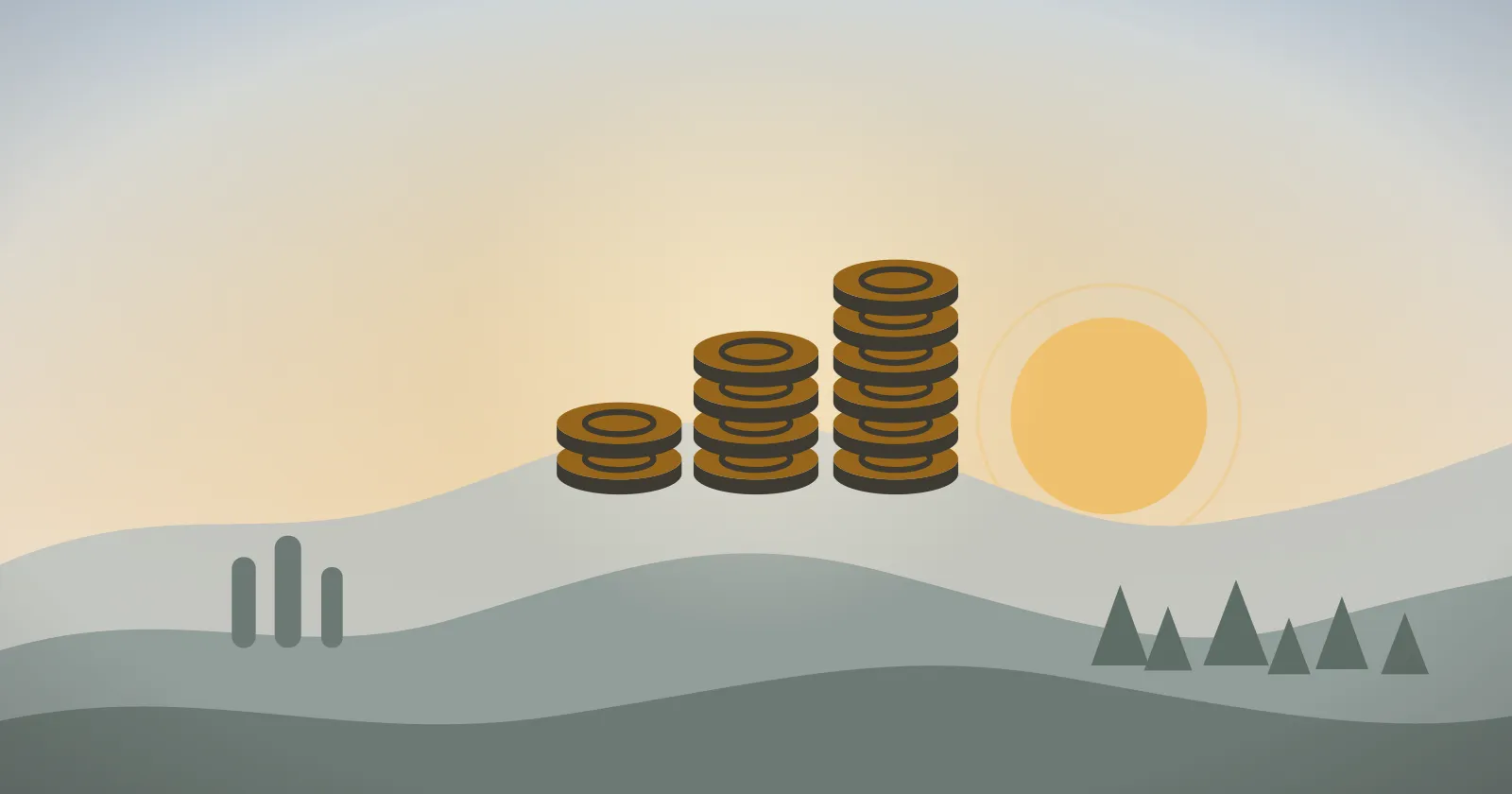 手繪封面：三疊金幣由矮到高排開，分別是兩枚、四枚與六枚；背景是清晨的淡色天空、山稜與低斜的日光