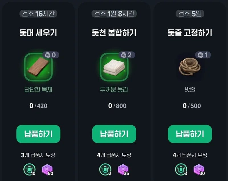 2단계 3차의 납품 카드 세 장: 돛대 세우기 건조 16시간, 돛 봉합하기 건조 1일 8시간, 삭구 고정하기 건조 5일. 카드 아래에는 납품 시 지급되는 공헌도와 길드 골드가 표시되어 있다