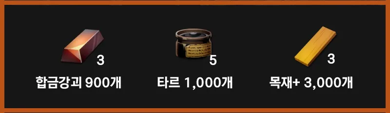 2단계 1차 납품 요구량: 합금강괴 900개, 타르 1,000개, 목재+ 3,000개