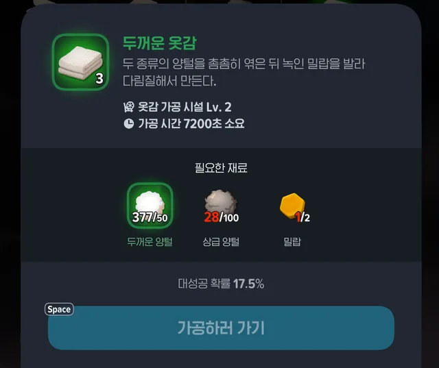 두꺼운 옷감 가공 카드: 옷감 가공 설비 Lv.2, 가공 시간 7200초, 두꺼운 양털 50과 상급 양털 100, 밀랍 2 필요, 한 번에 3개 산출, 대성공 확률 17.5%