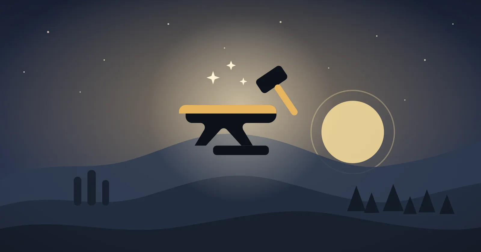 手繪封面：星夜下的鐵砧仍在發光，一輪月亮掛在山脊上，象徵睡覺時仍在跑的加工批次