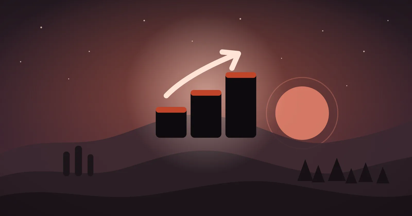 Hand-drawn cover: before a ridge in dark red dusk, a staircase climbs step by step, the top step catching a distant light